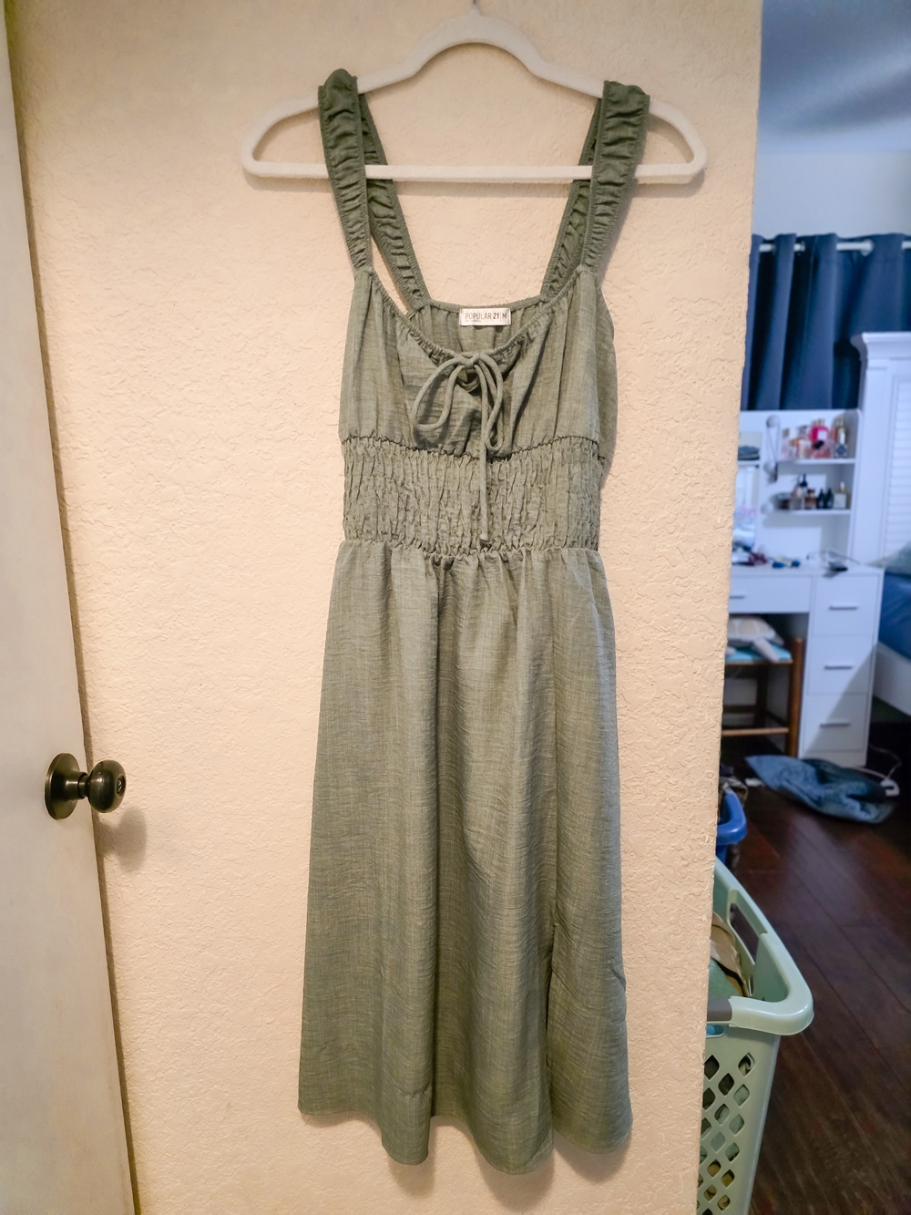 Smocked Olive Green Midi Dress with Ruffled Straps